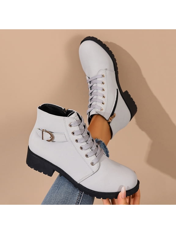 Womens Classic Lace Up Work Ankle Boots Inner Side Zip Chunky Sole Low Heel Soft Leather Walking Booties for All Season Outfits Gray 43