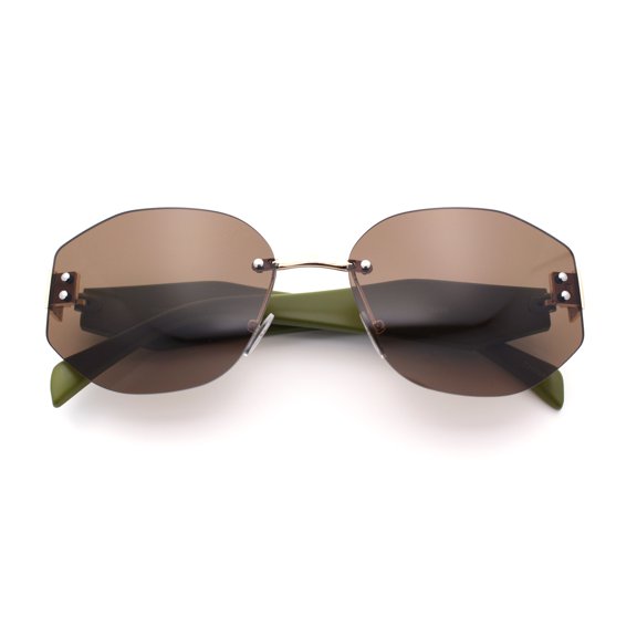 Womens Classic Luxury Diva Rimless Designer Oval Fashion Sunglasses Gold Green - Brown