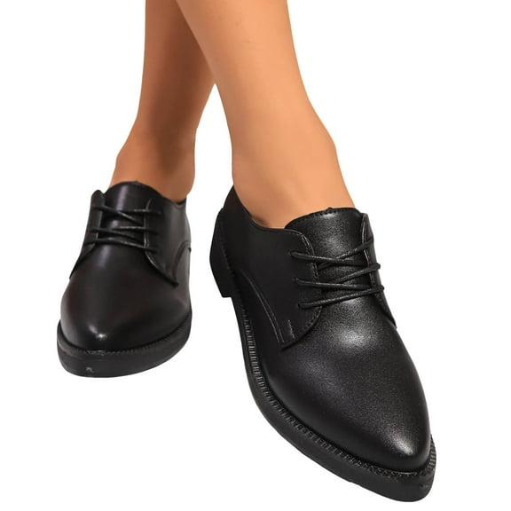 Womens Classic Oxfords Low Heels Dress Shoes Black Leather Lace up Pointed Toe Wingtip Formal Dressy Shoes