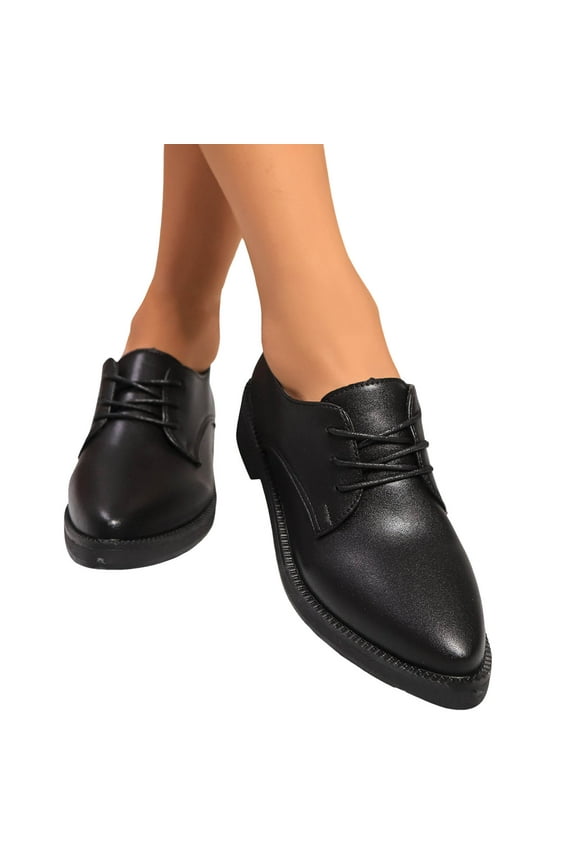 Womens Classic Oxfords Low Heels Dress Shoes Black Leather Lace up Pointed Toe Wingtip Formal Dressy Shoes