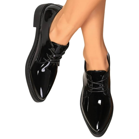 Womens Classic Oxfords Low Heels Dress Shoes Black Leather Lace up Pointed Toe Wingtip Formal Dressy Shoes