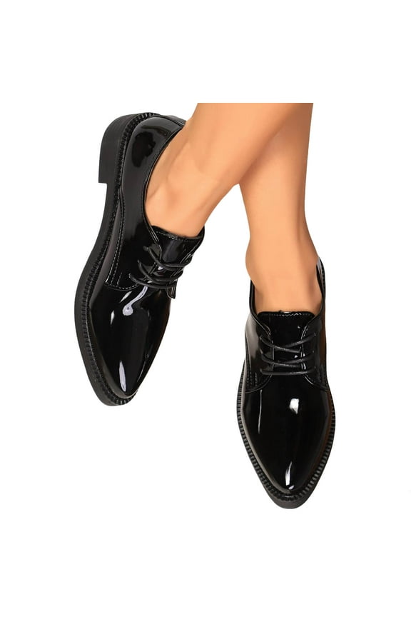 Womens Classic Oxfords Low Heels Dress Shoes Black Leather Lace up Pointed Toe Wingtip Formal Dressy Shoes
