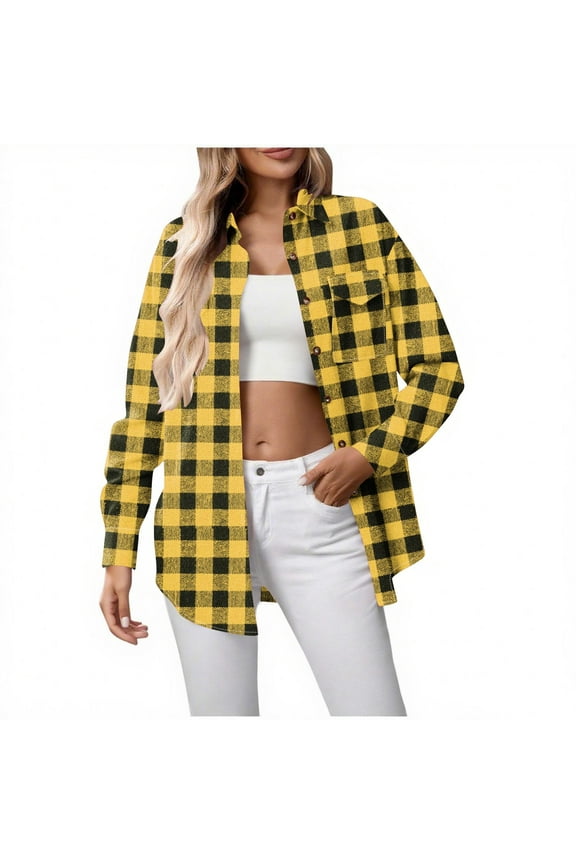Womens Classic Plaid Shirt Shacket Button Down Long Sleeve Casual Flannel Shirts Jackets with Pocket Fall Blouses (M, Yellow)