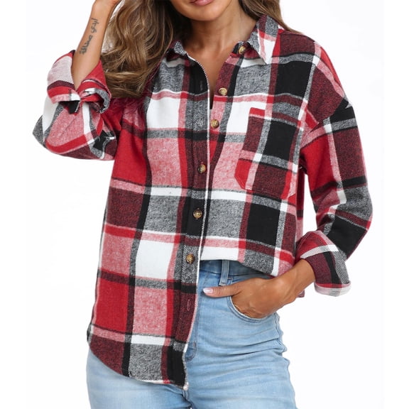 Womens Classic Plaid Shirts Casual Long Sleeve Button Down Collared Tops Lightweight Shacket Fall Blouses
