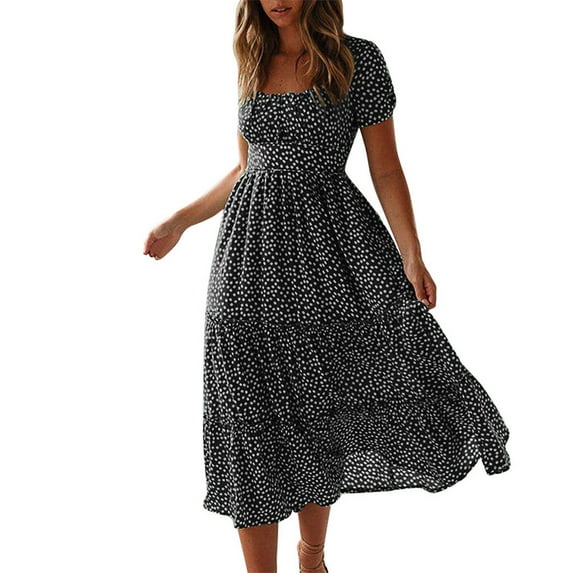 Womens Classic Polka Dot Dresses Summer Elegant Square Neck Puff Sleeve Maxi Dresses Vintage Flowy Tiered A-Line Dress
