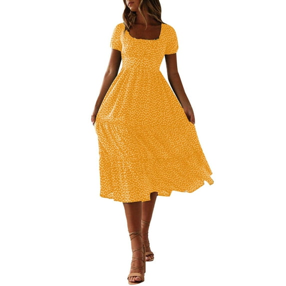Womens Classic Polka Dot Dresses Summer Elegant Square Neck Puff Sleeve Maxi Dresses Vintage Flowy Tiered A-Line Dress