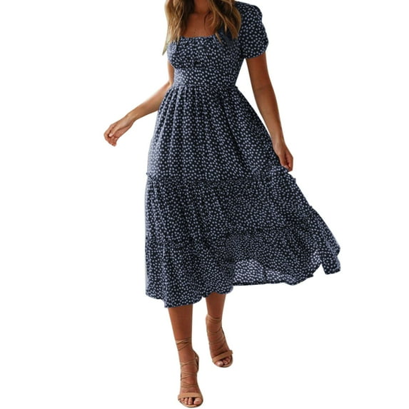 Womens Classic Polka Dot Dresses Summer Elegant Square Neck Puff Sleeve Maxi Dresses Vintage Flowy Tiered A-Line Dress