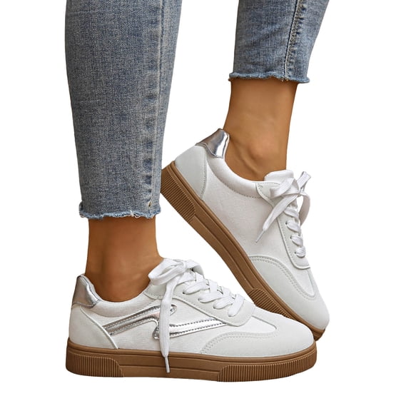 Womens Classic Retro Tennis Shoes Casual Lace Up Skate Shoes Rubber Sole Slip On Sneakers Non Slip Trainers White Size 7