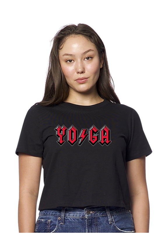 Womens Classic Rock Yoga American-Made Cute Cropped Yoga Tee Shirt, Medium Black