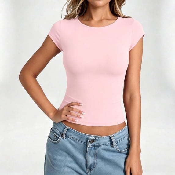 Womens Classic Short Sleeve T-shirts Y2K Slim Fit Going Out Tops (Pink M)