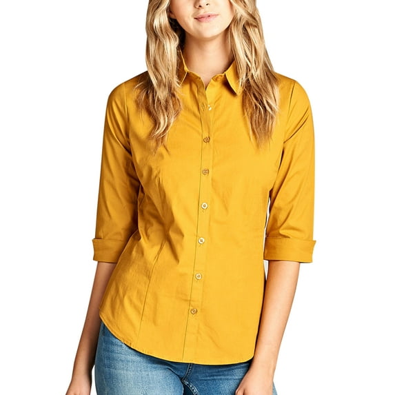 Womens Classic Solid 3/4 Sleeve Button Down Blouse Dress Shirt