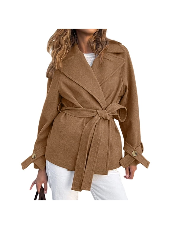 Womens Classic Stand Collar Outwear Overcoat Long Sleeve Winter Belted Pea Coat Brown L
