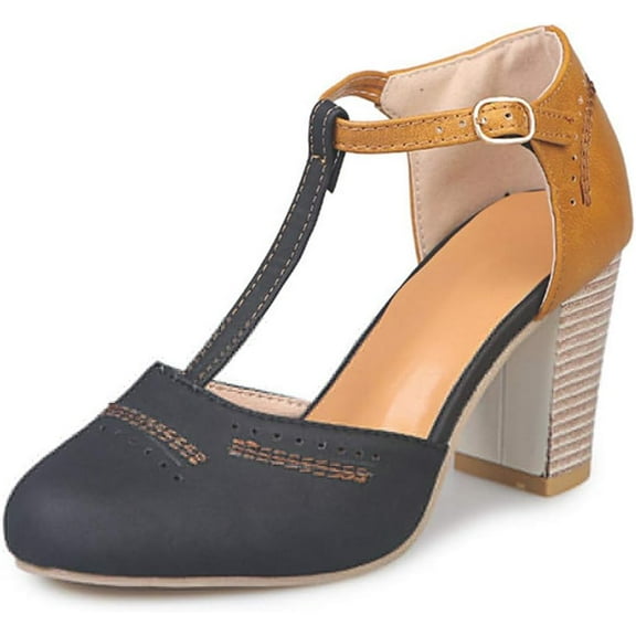 Womens Classic T-Strap Buckle Sandals Chunky high Heels Vintage Oxfords Mary Jane Pump Shoes Hollow Shoes