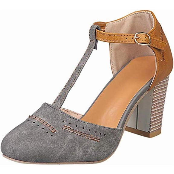 Womens Classic T-Strap Buckle Sandals Chunky high Heels Vintage Oxfords Mary Jane Pump Shoes Hollow Shoes