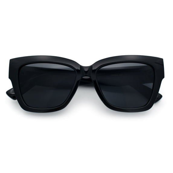 Womens Classic Understated Thick Horn Rim Designer Fashion Sunglasses All Black