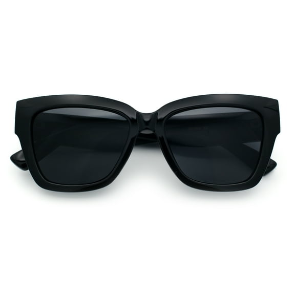 Womens Classic Understated Thick Horn Rim Designer Fashion Sunglasses All Black