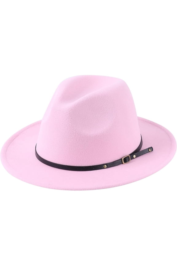 Womens Classic Wide Brim Floppy Panama Hat Belt Buckle Felt Fedora Hat