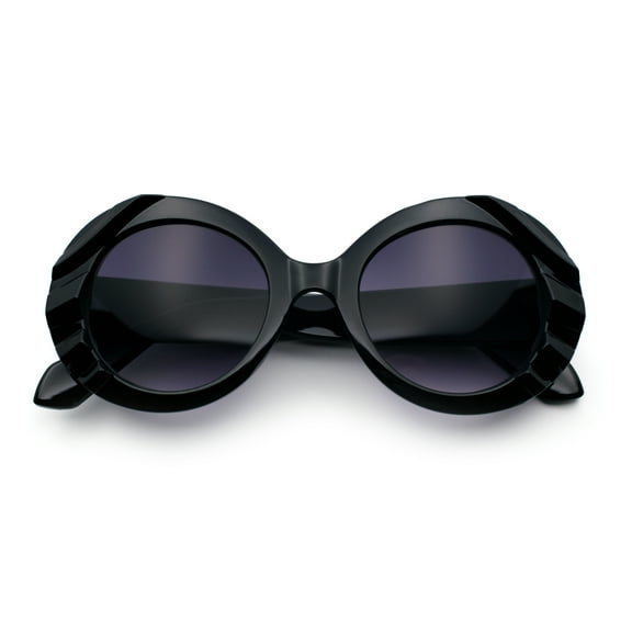 Womens Classy Mod Round Clout Thick Bevel Deco Plastic Retro Sunglasses Black - Smoke