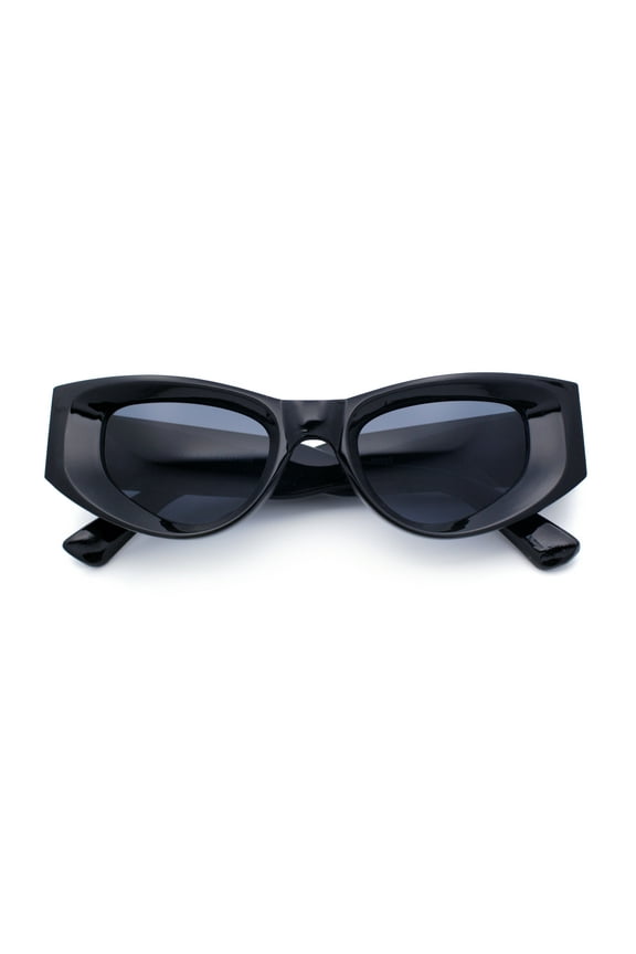 Womens Classy Mod Thick Plastic Triangular Cat Eye Rectangle Sunglasses All Black