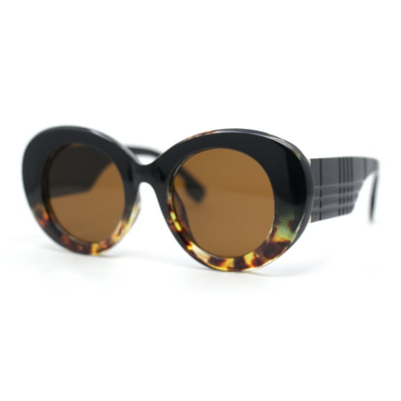 Womens Classy Plaid Arm Thick Plastic Round Mod Retro Sunglasses Black Tortoise - Brown