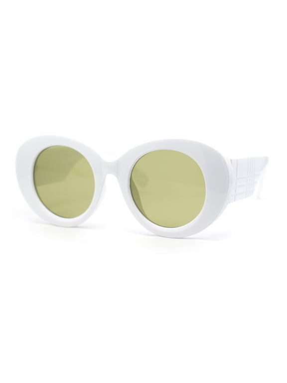 Womens Classy Plaid Arm Thick Plastic Round Mod Retro Sunglasses White - Green