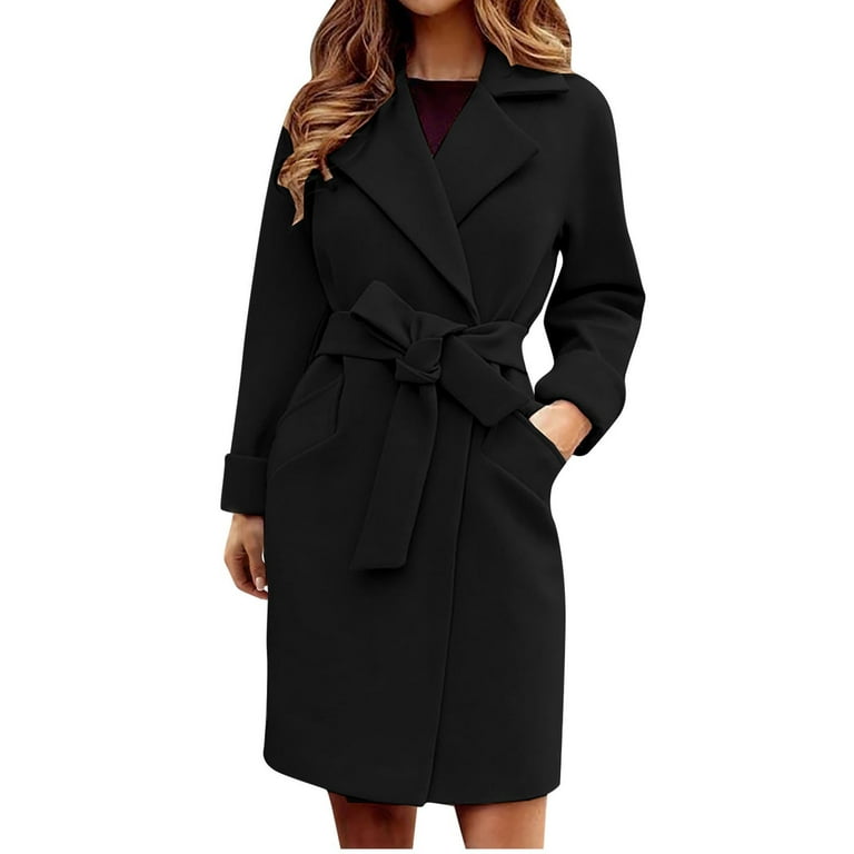 Womens Classy Wool Blend Trench Coat Mid Length Jacket with