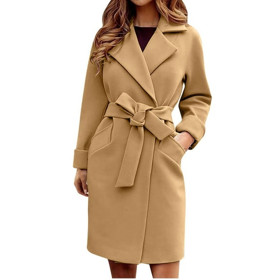 Womens Classy Wool Blend Trench Coat Mid Length Jacket with Belt Notch Lapel Collar Pockets Long Sleeve Overcoat (XX-Large, Khaki)