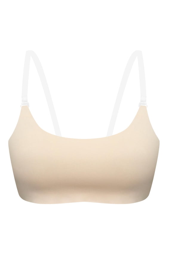 Womens Clear Strap Backless Bralette, Wireless Smooth Seamless Invisible Bra, Adjustable Transparent Shoulder & Back Straps Beige M(M)