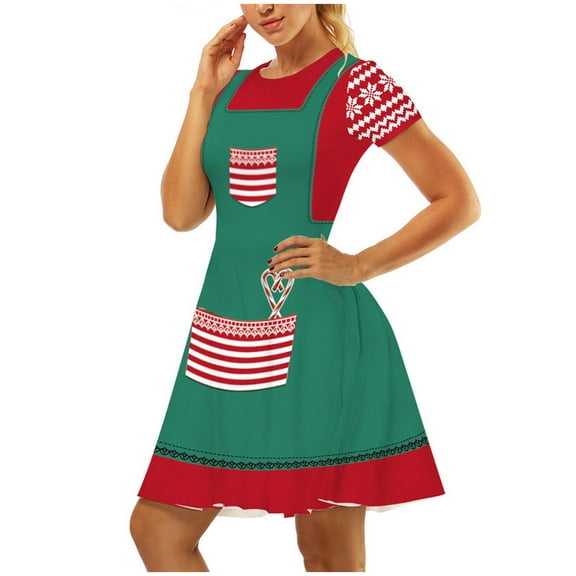 Womens under $10 2026 ! asdoklhq Plus Size Christmas Clothing,Women 0-Neck Christmas Retro Print Party Dress Short Sleeve Dress