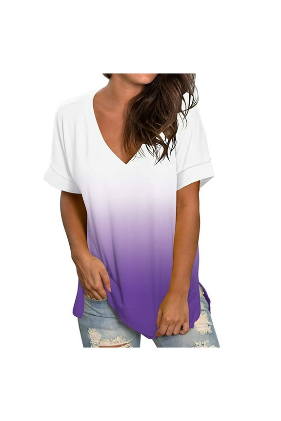 Womens under $10 2026 ! asdoklhq Juniors Plus Blouses & Shirts,Women's Casual Gradient Printed V-neck Short Sleeve Loose T-Shirt Tops