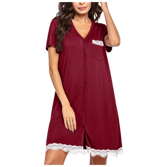Womens under $10 2026 ! asdoklhq Womens Plus Size Dresses,Women Short Sleeve Solid V-Neck Lace Pocket Top Sleep Dress Nightdress