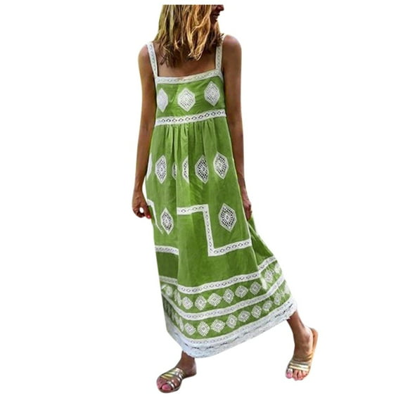 Womens under $10 2026 ! asdoklhq Womens Plus Size Dresses,Women Summer Boho Print Beach Holiday Dress Strap Big Swing Maxi Dress