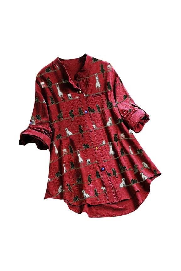 Womens under $10 2026 ! asdoklhq Womens Plus Size Tops,Women Casual Cat Print Long Sleeve O-Neck Button Loose Shirt Top Blouse