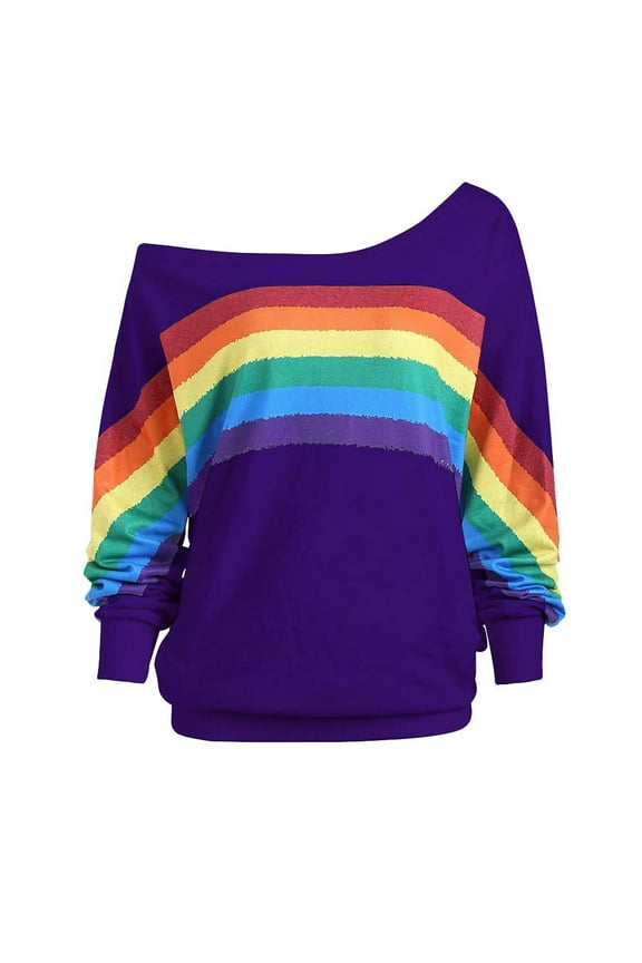 Womens under $10 2026 ! asdoklhq Womens Plus Size Tops,Women's Casual Loose Long Sleeve Rainbow Print Pullover Blouse Shirts Sweatshirt