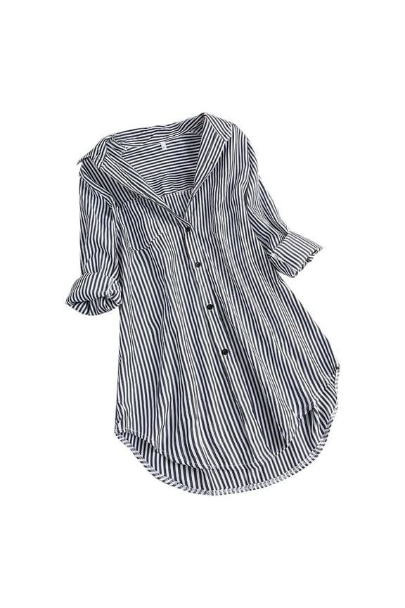 Womens under $10 2026 ! asdoklhq Womens Plus Size Tops,Women Chic Stripe Long Sleeve Turn-down Collar Button Loose Top Shirts Blouse