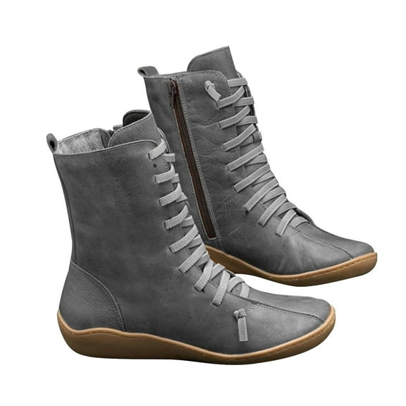 Womens Clearance under $10 2025 Clearance! asdoklhq Womens Waterproof Work Boots,Women Mid-tube Boots Ladies Vintage Style Solid Zipper Flat Shoes Ankle Short Boots