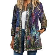 Womens Clearance under $10 Black and Friday Deals 2023 LEAVINGSUO Womens Coats and Jackets Clearance Womens Fashion Women's Ethnic Jacket Full Sleeve Cardigan Vintage Print Lightweight Coat Blue XXL