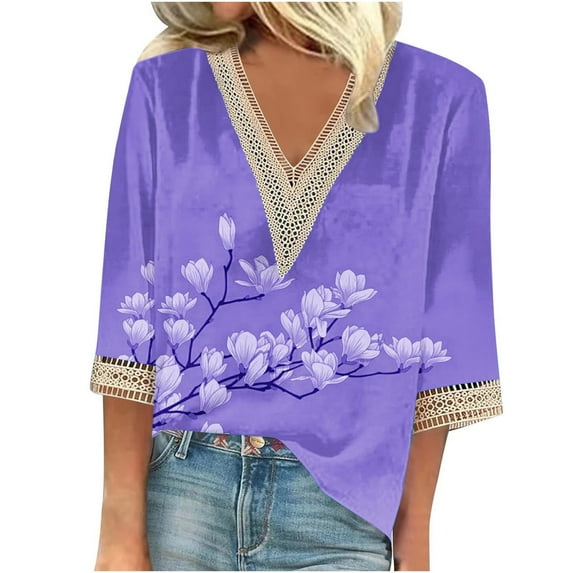 LEAVINGSUO Long Sleeve Shirts for Women, Fall Womens Tops Fashion Women's Summer V-Neck 3/4 Sleeve Print Casual T-Shirt Blouse