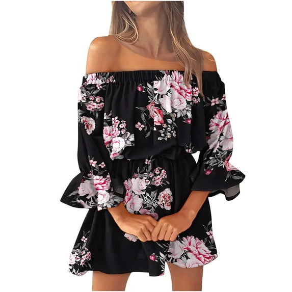 Womens Clearance under $10 2025 Clearance! asdoklhq Juniors Plus Dresses & Rompers,Stylish Women's Summer Casual Off Shoulder Bell Sleeve Solid and Printed Dresses