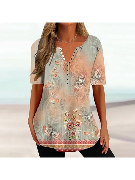 Summer Tops,Womens Plus Size $5,Women's Fashion V-Neck Print Casual Loose Short Sleeve Top Short Sleeve V-Neck Top/Shirt