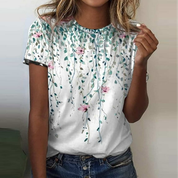 GaThRRgYP Spring Tops for Women,Womens Tops Short Sleeve Cotton,Women's Summer Round-Neck Printed T-Shirts Casual Short Sleeve Blouse Tops