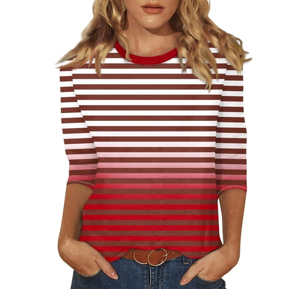 Womens Summer Shirts Womens Blouses Summer Women's Fashion Printed T-shirt 3/4 Sleeve Blouse Round Neck Casual Tops