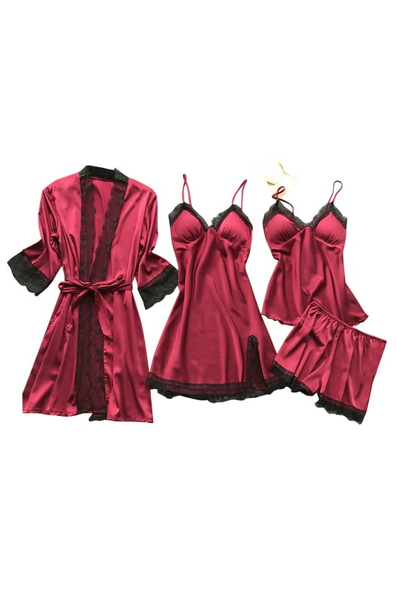 Womens2025ï¼Women' Silk Satin Pajamas Set 4pcs Underwear Floral Lace Cami Sleepwear with Robe