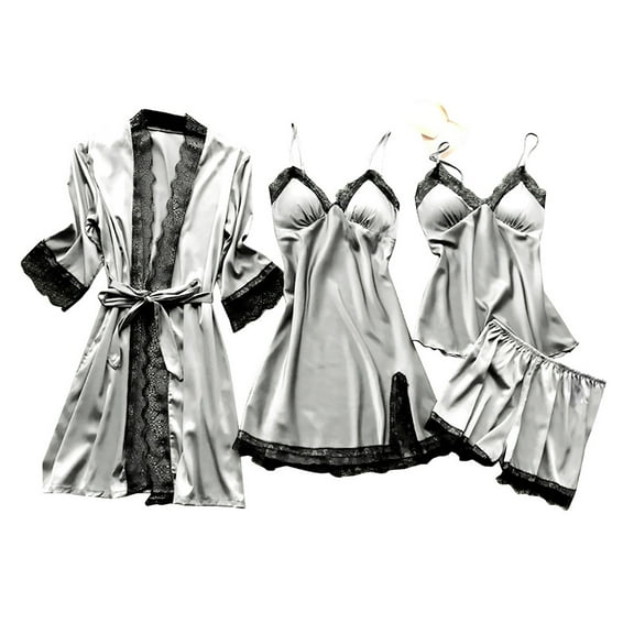 Womens2025,Women' Silk Satin Pajamas Set 4pcs Underwear Floral Lace Cami Sleepwear with Robe