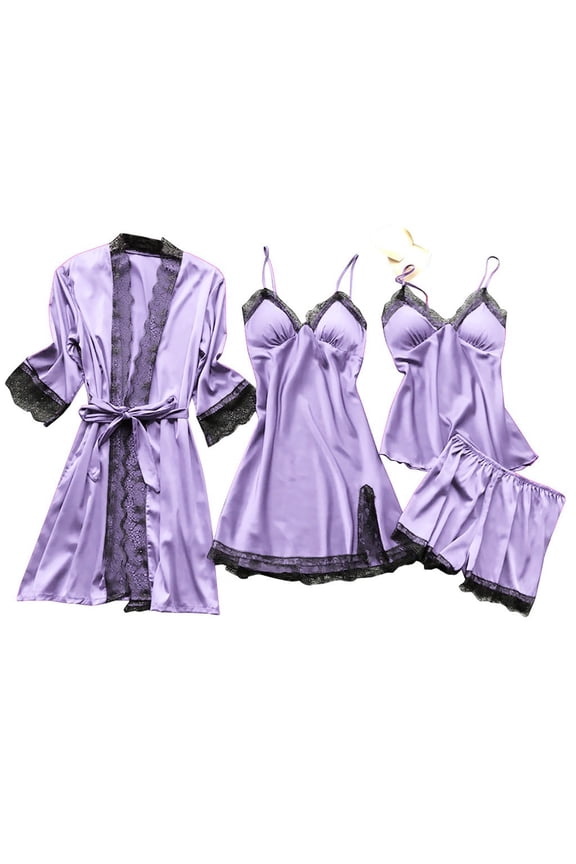 Womens2025ï¼Women' Silk Satin Pajamas Set 4pcs Underwear Floral Lace Cami Sleepwear with Robe