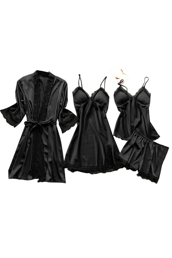 Womens2025ï¼Women' Silk Satin Pajamas Set 4pcs Underwear Floral Lace Cami Sleepwear with Robe