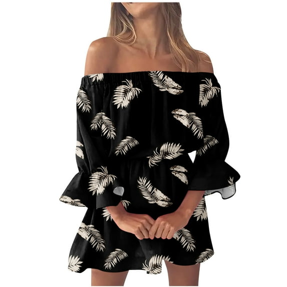 Womens Clearance asdoklhq Juniors Plus Dresses & Rompers,Stylish Women's Summer Casual Off Shoulder Bell Sleeve Solid and Printed Dresses