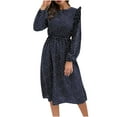 thumbnail image 1 of Womens Clearance asdoklhq Woman Clothes Clearance,Women's Long Sleeve Round Neck Dot Printed Ruffles Casual Button Dress, 1 of 8