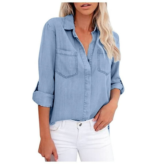 Womens Clearance asdoklhq Womens Plus Size Tops Clearance,Women Casual Denim V -neck Pocket Back Split Long Sleeved Shirt Top