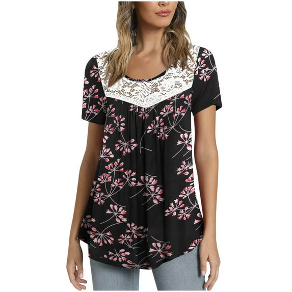 Clearance asdoklhq Juniors Plus Tops & T-Shirts,Women's Lace Patchwork Printed Round Neck Short Blouse Tops